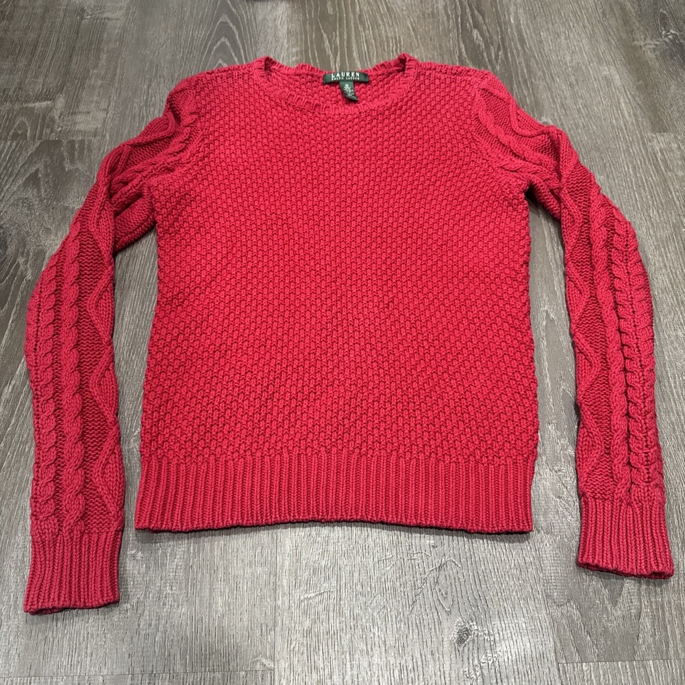 VTG Ralph Lauren Womens Cable Knit Sweater M Thick Cotton Preppy Academia Crew